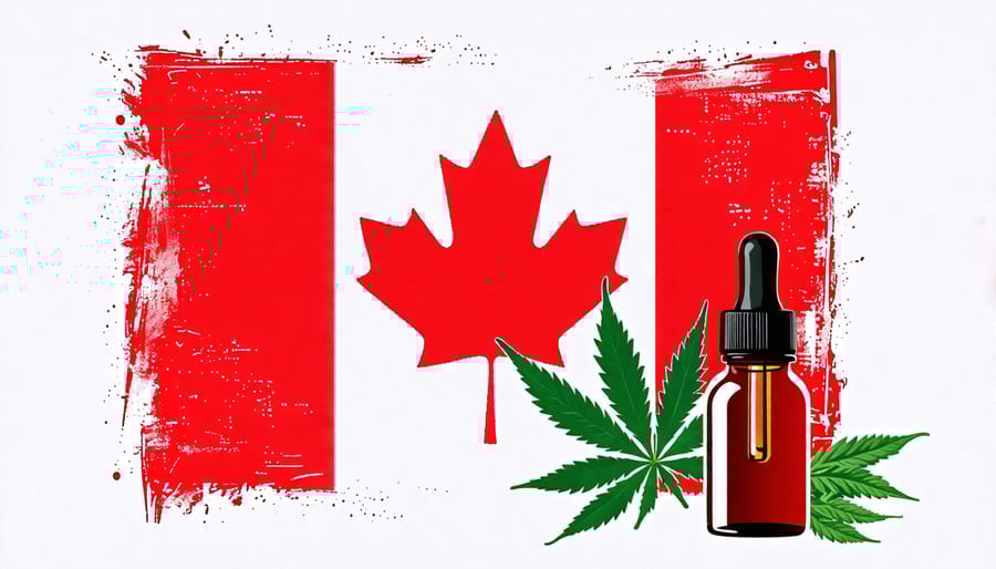 CBD oil and cannabis with Canadian flag, representing legal status