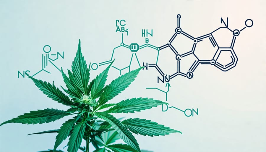 Illustration of cannabis plant with CBD molecular structure
