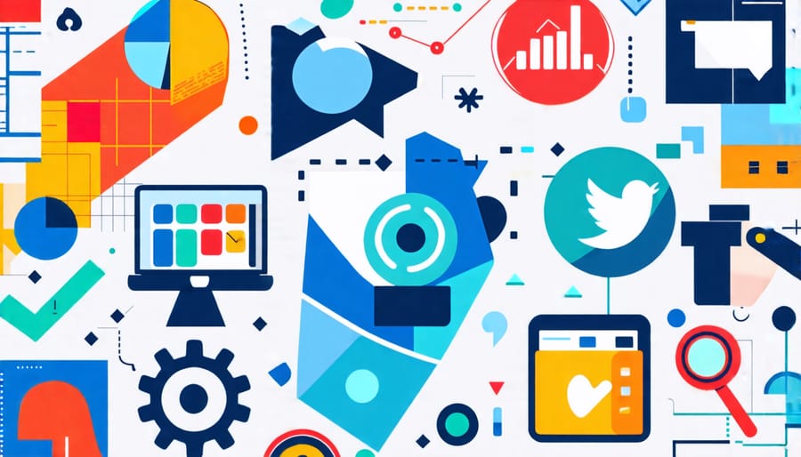 Digital marketing collage showcasing SEO, content marketing, and social media