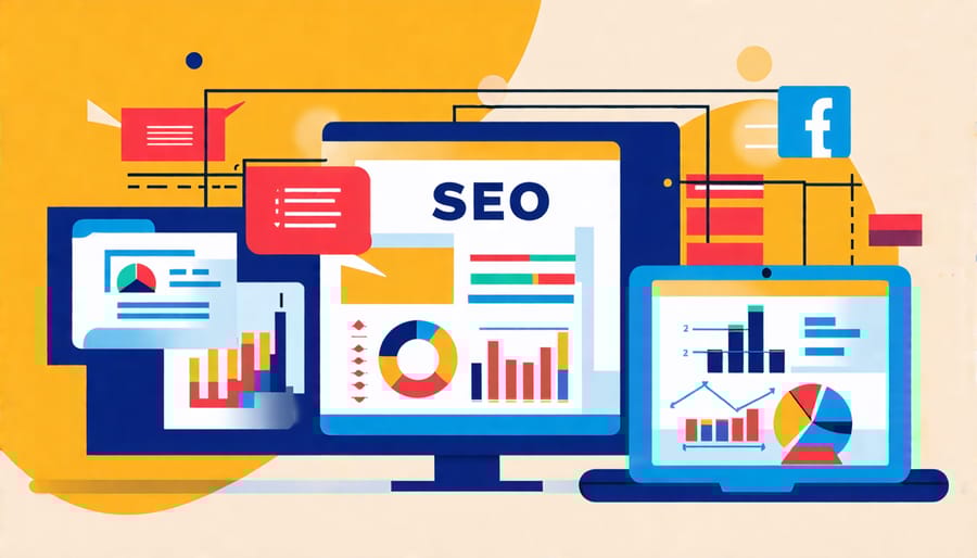 Illustration of the relationship between SEO, content marketing, and social media platforms
