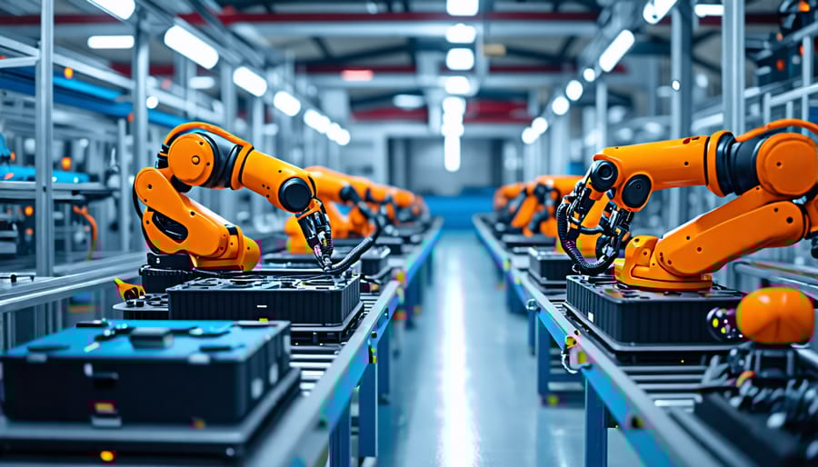 Automated industrial robots assembling electric vehicle battery packs in a factory