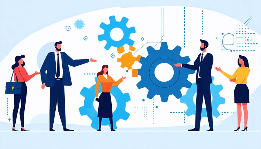 Conceptual image of businesspeople and gears representing HR integration with business strategy