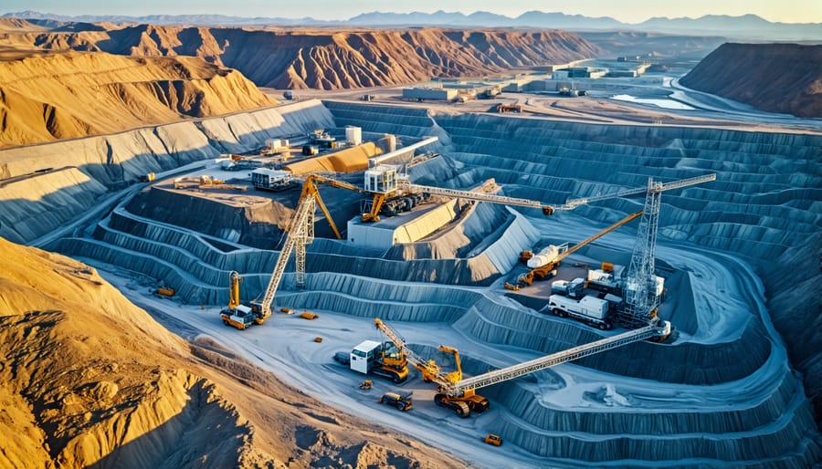 Large open-pit lithium mine with heavy machinery extracting raw materials