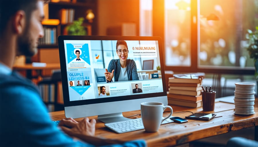 Individual engaging in online learning through courses and webinars
