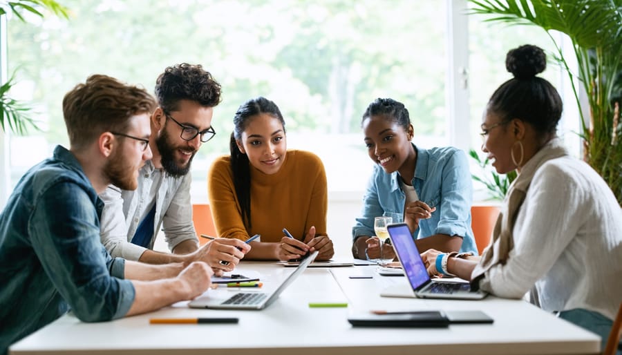 Team of diverse employees working together on social media guidelines