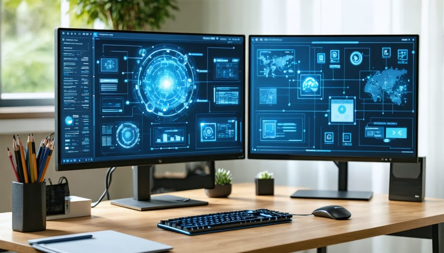 Canadian professional attending virtual meeting in modern home office with dual-screen setup