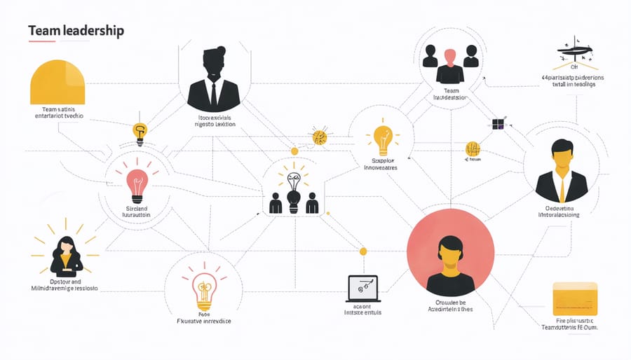 Visual diagram of leadership components including team building, innovation, and decision-making processes