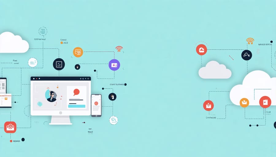 Visual diagram of remote work technology stack including communication and productivity tools
