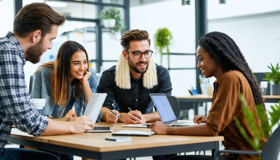 Startup team members working together in an innovation hub's collaborative workspace