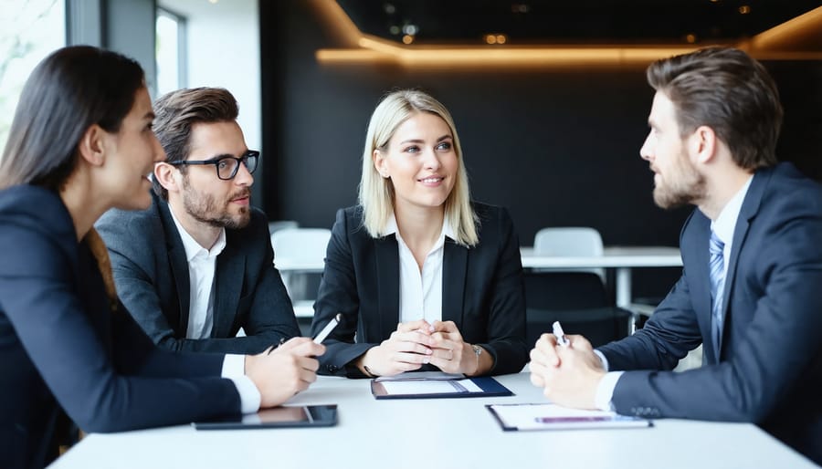 Advisory board members engaged in casual strategic discussion