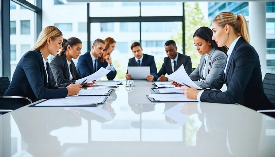 Corporate board of directors in formal meeting discussing business documents