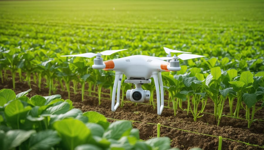 Agricultural drone flying over Canadian farmland with visible IoT sensor network