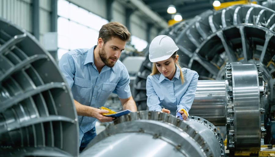 Group of diverse students examining wind turbine equipment in an educational setting