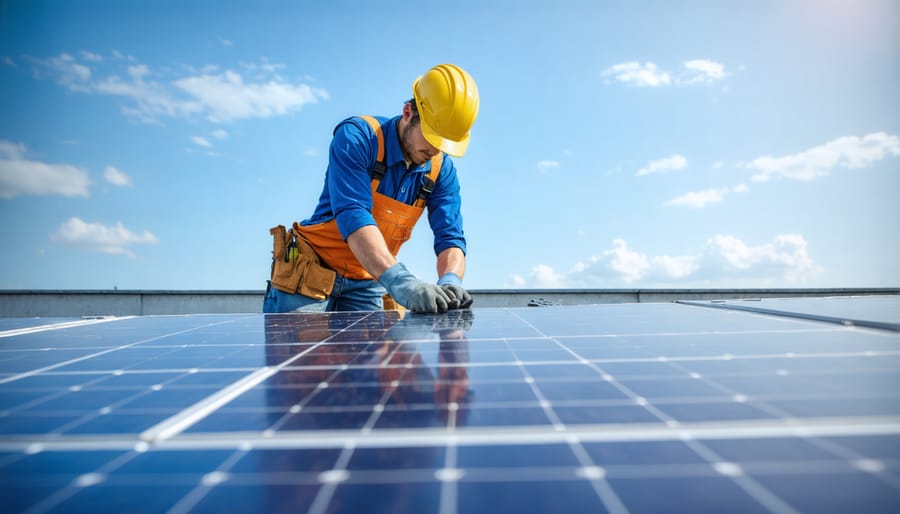 Professional technician in safety gear installing solar panels on a residential roof
