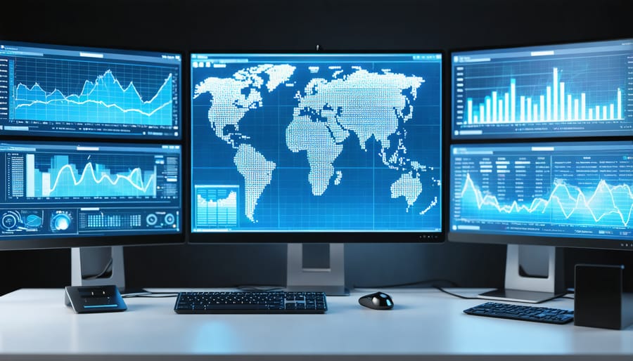 Business professional examining colorful data analytics dashboards across multiple monitors