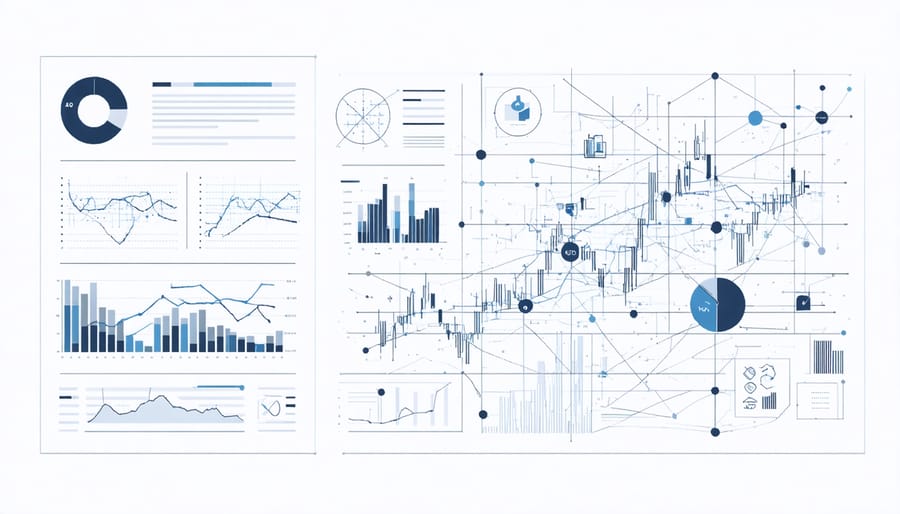 Abstract visualization of AI analyzing financial market data with flowing digital patterns