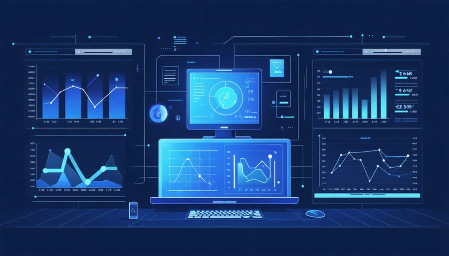 3D visualization of AI-powered business analytics showing interactive data visualization and predictive trends