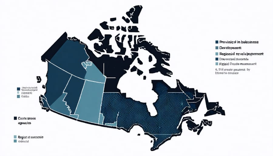 Interactive map showing the distribution of business councils and development agencies across Canadian provinces