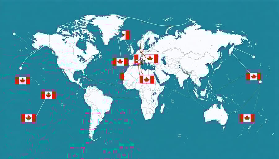 World map visualization of international trade routes connecting Canada to global markets