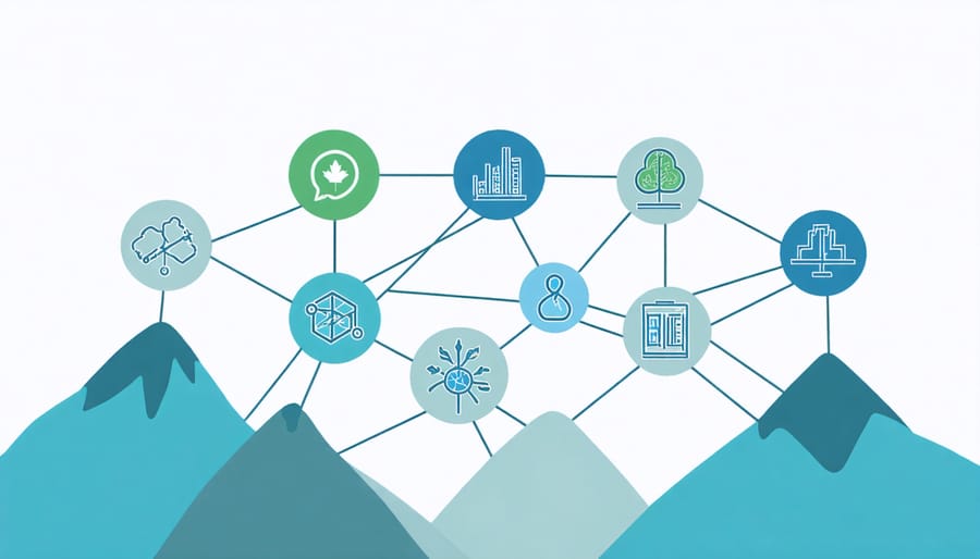 Network diagram of Canadian AI strategy pillars with sustainability symbols