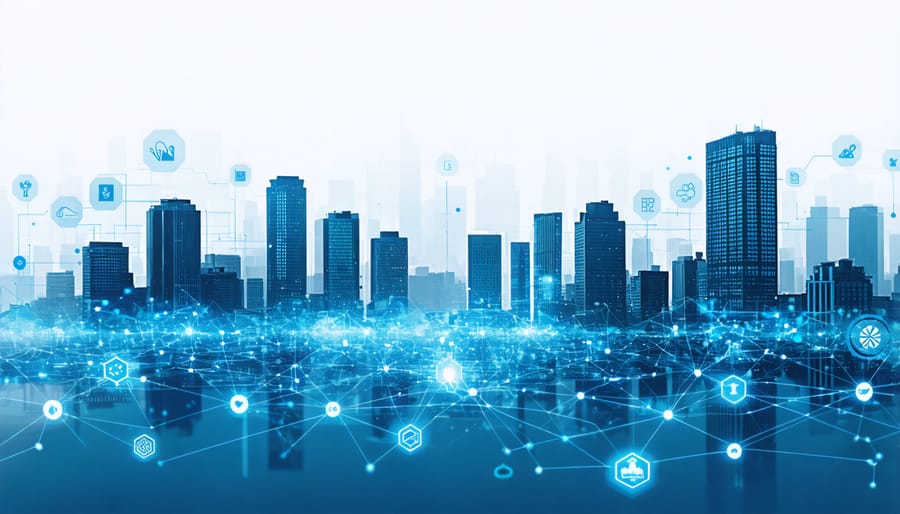 Modern business district with digital network connections visualization