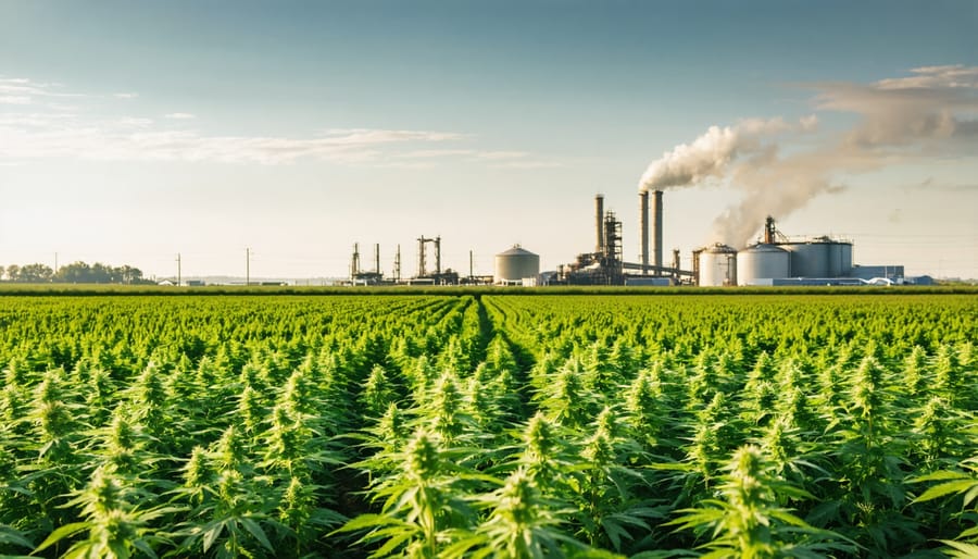 Industrial hemp cultivation field in Canada with CBD processing facility