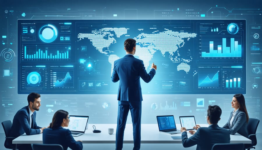 Digital transformation leader analyzing business metrics on interactive screens with virtual team