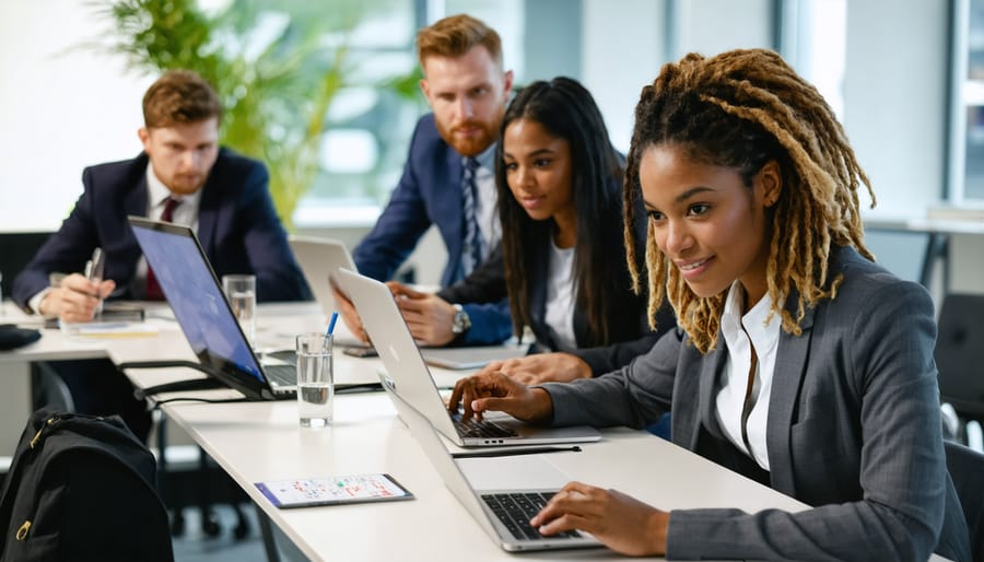 Business professionals engaged in hands-on digital skills training session