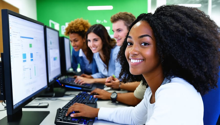 Multi-ethnic group of young professionals working together on coding project