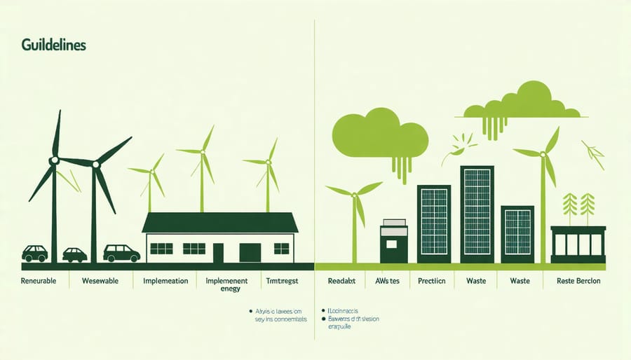 Visual representation of environmental sustainability practices including solar panels, recycling systems, and green building features