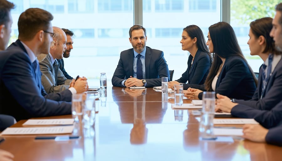 Canadian government officials and business executives discussing economic policies in a modern conference room