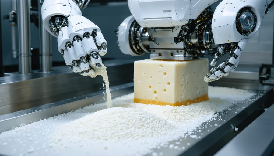 Automated robot arm sorting and packaging food items in clean room setting