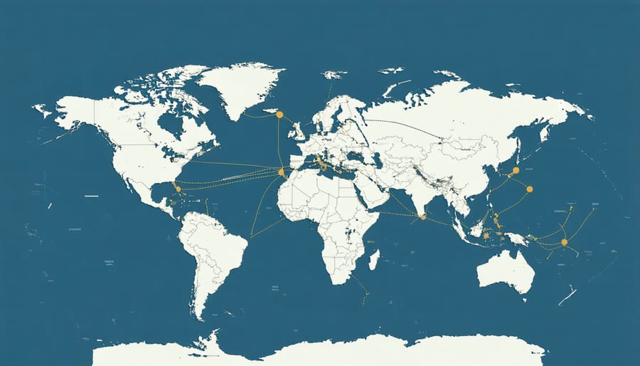 Global map showing Canada's trade agreement network with partner nations connected by dynamic trade flow lines