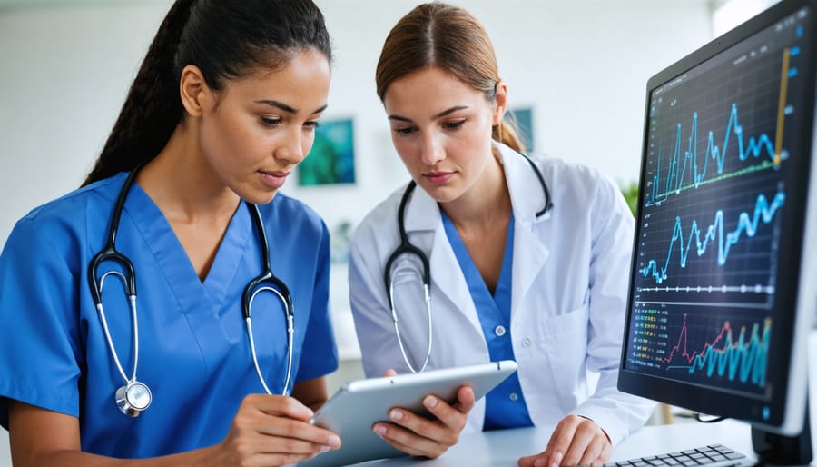 Healthcare administrators collaborating on innovation grant applications in a modern medical setting