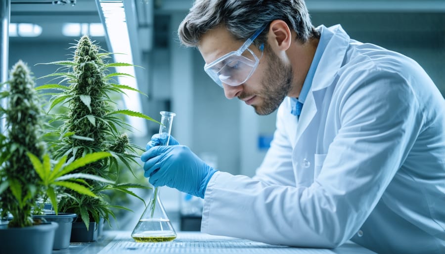 Researcher analyzing CBD extract in scientific laboratory setting
