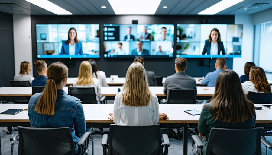 Hybrid corporate training event showing both in-person and remote participants engaged in a leadership workshop