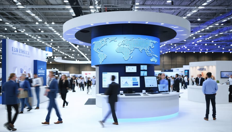 Modern hybrid trade show combining physical exhibits with virtual attendance capabilities