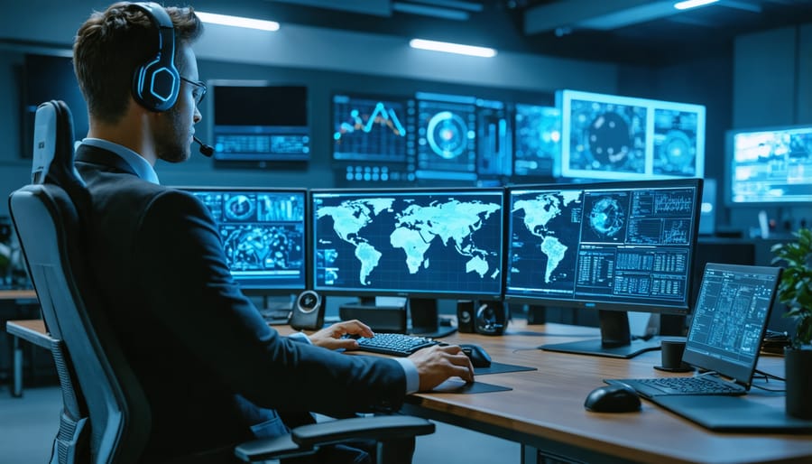 Remote cybersecurity professional monitoring multiple security dashboards from a home office setup