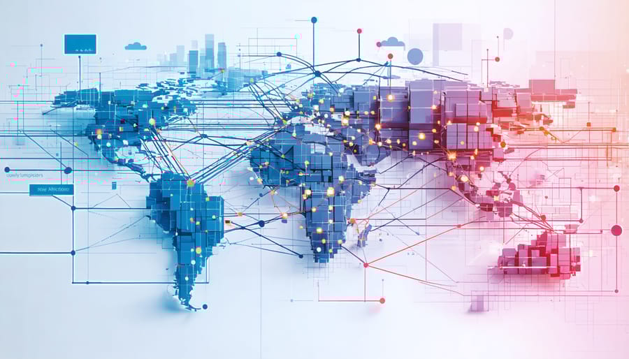 Digital illustration of an optimized international supply chain network with various transportation modes