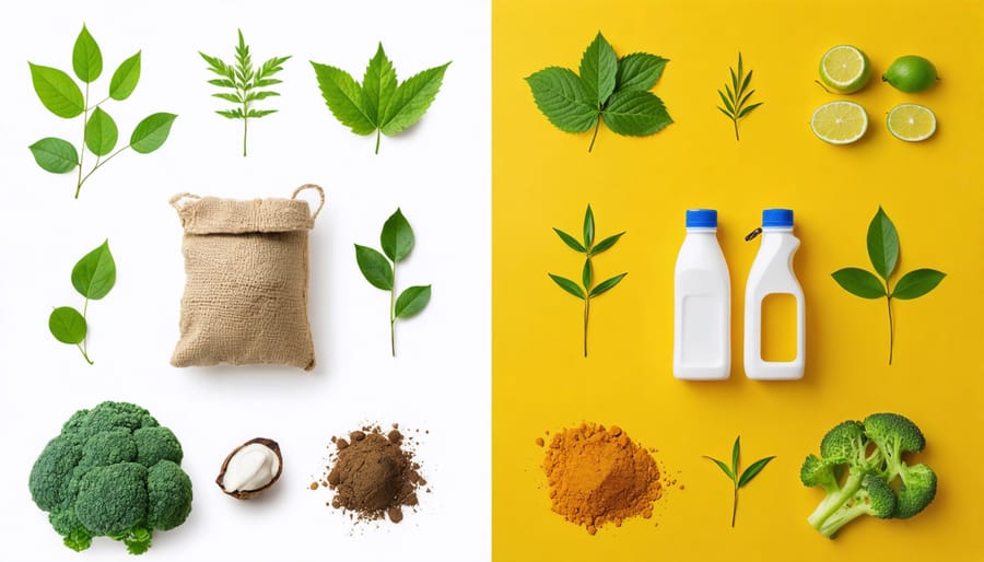 Side-by-side comparison of sustainable products and conventional alternatives with price tags