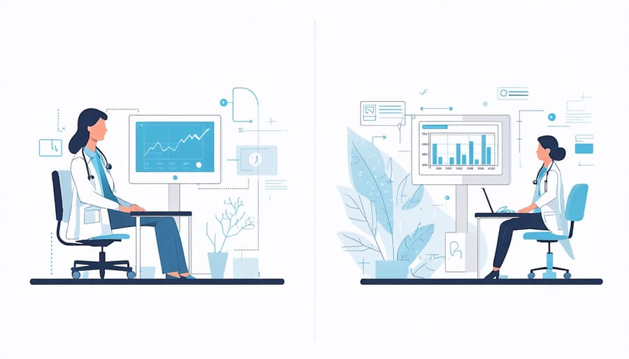 Side-by-side comparison of in-person medical consultation and modern telehealth session
