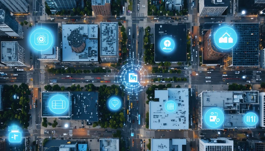 Bird's eye view of Toronto's downtown showcasing integrated smart city technology and connectivity nodes