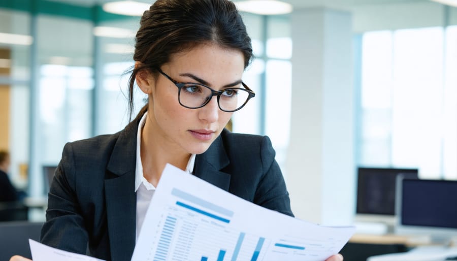 Female business owner analyzing financial statements and grant applications at her desk