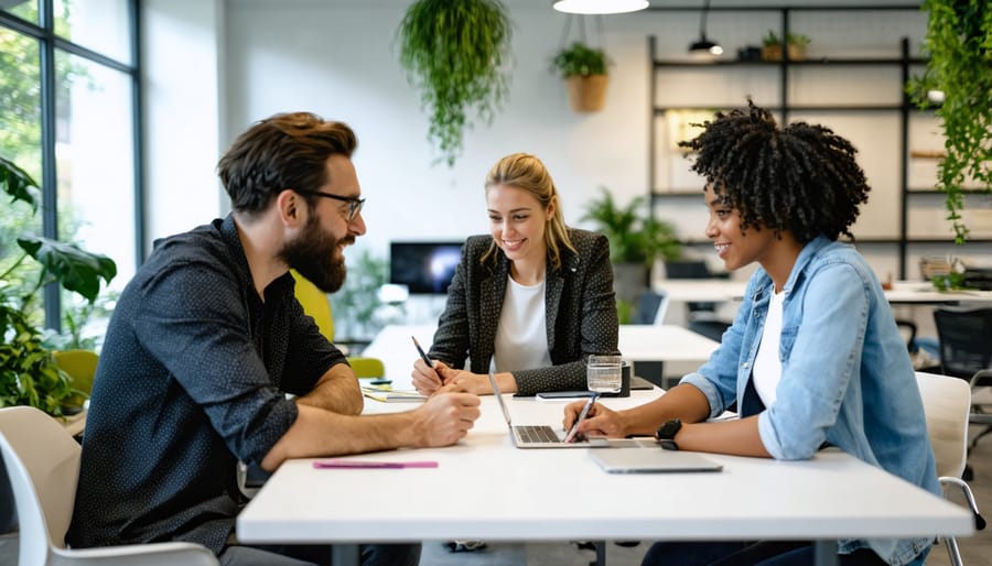 Multi-ethnic team of professionals working together in an eco-friendly workplace setting