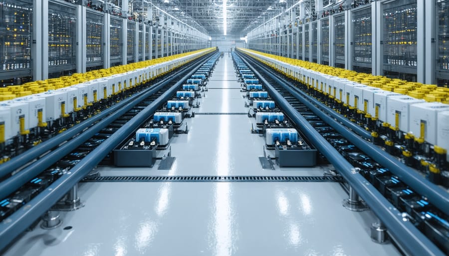 Industrial battery recycling facility with robotic systems processing EV batteries