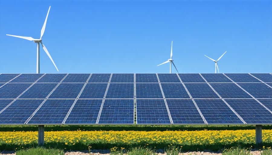 Renewable energy infrastructure in Canadian landscape with solar panels and wind turbines