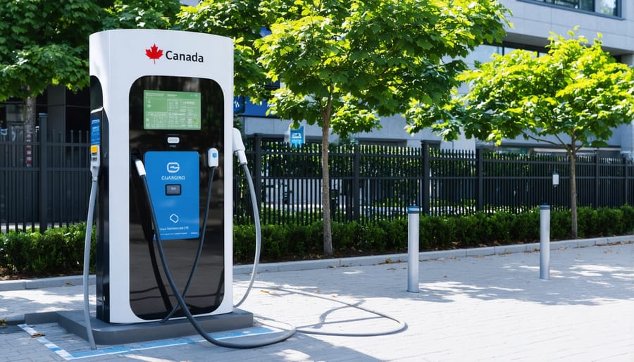 Electric vehicle charging at a high-power charging station displaying Canadian technology