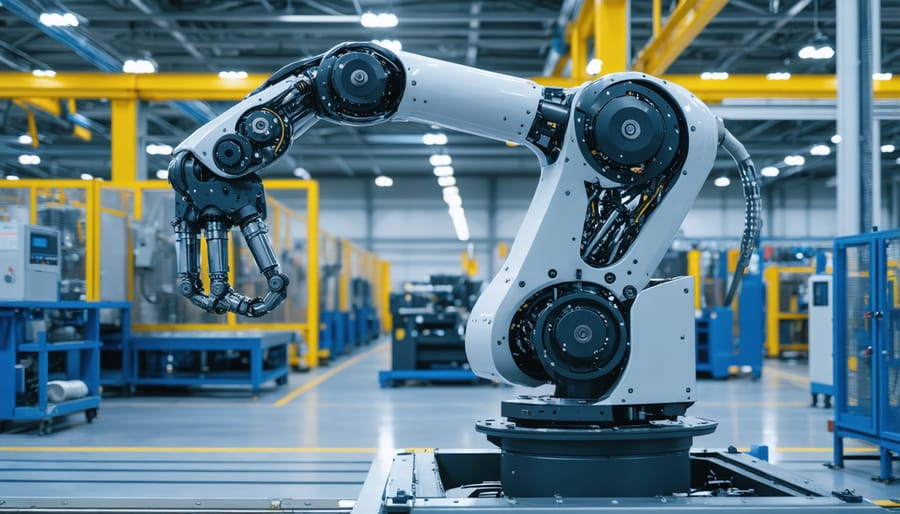 Industrial robot arm performing precise assembly operations on a manufacturing line