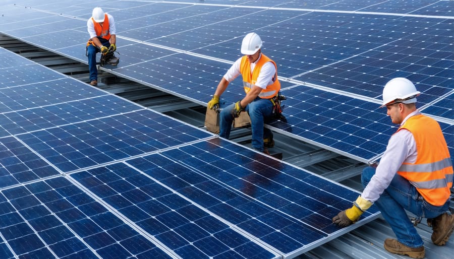 Canadian workers installing solar panels on a modern commercial building