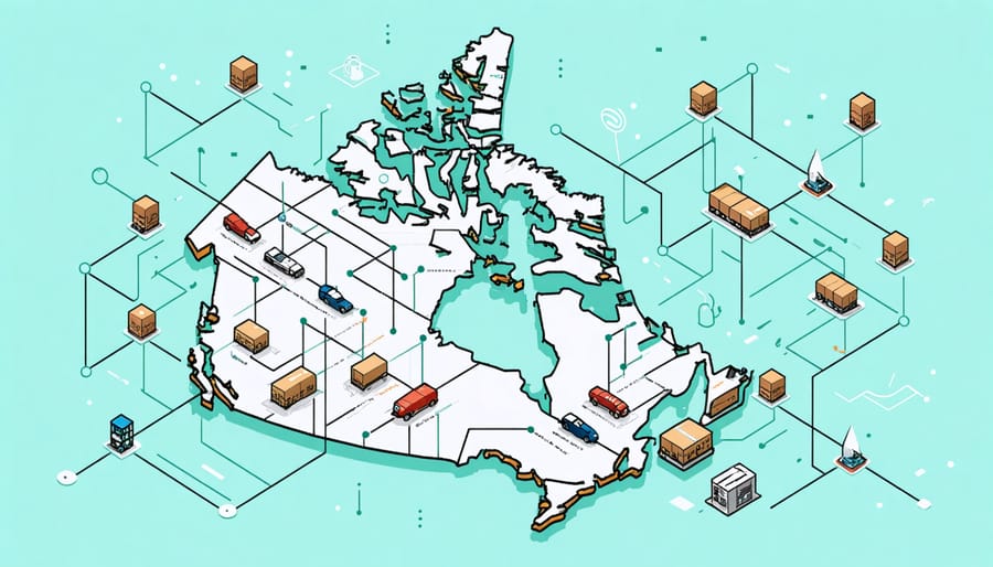 Interconnected e-commerce supply chain network visualization across Canadian geography
